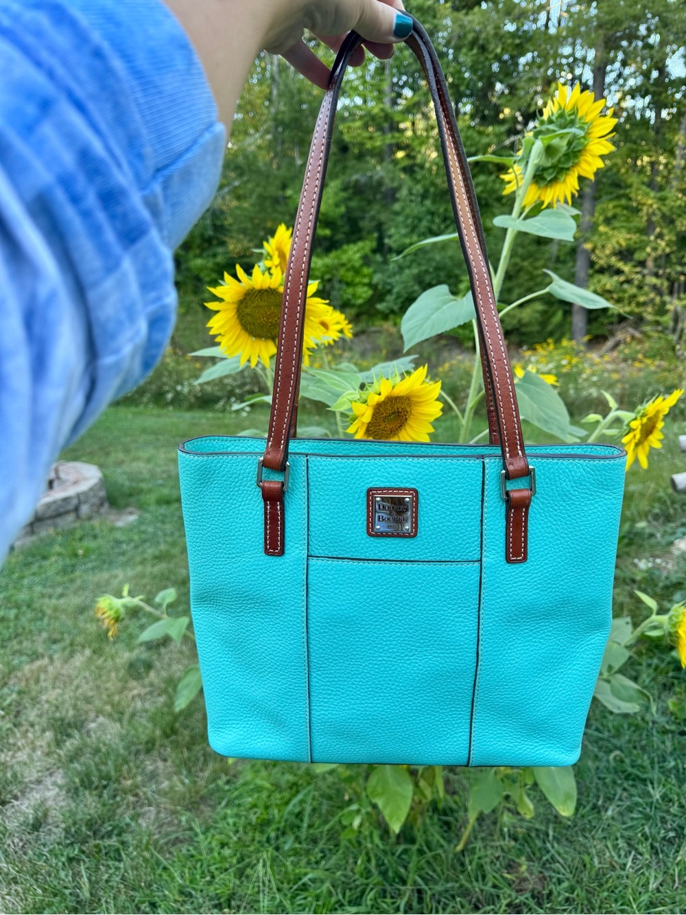Dooney & Bourke Turquoise Pebble Leather Tote with Brown Handles